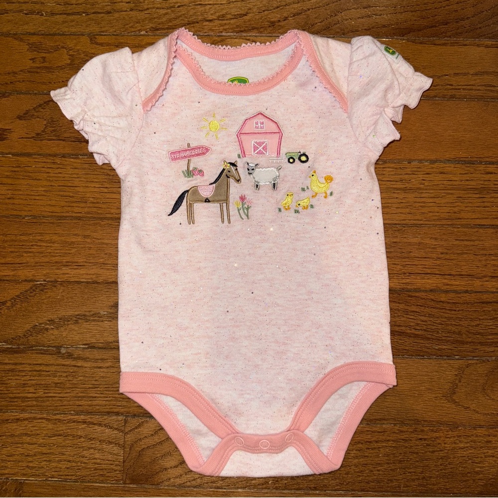 John Deere Pink Sparkle Farm Animal Baby Girl Onesie, 3-6 Months - Picture 2 of 5